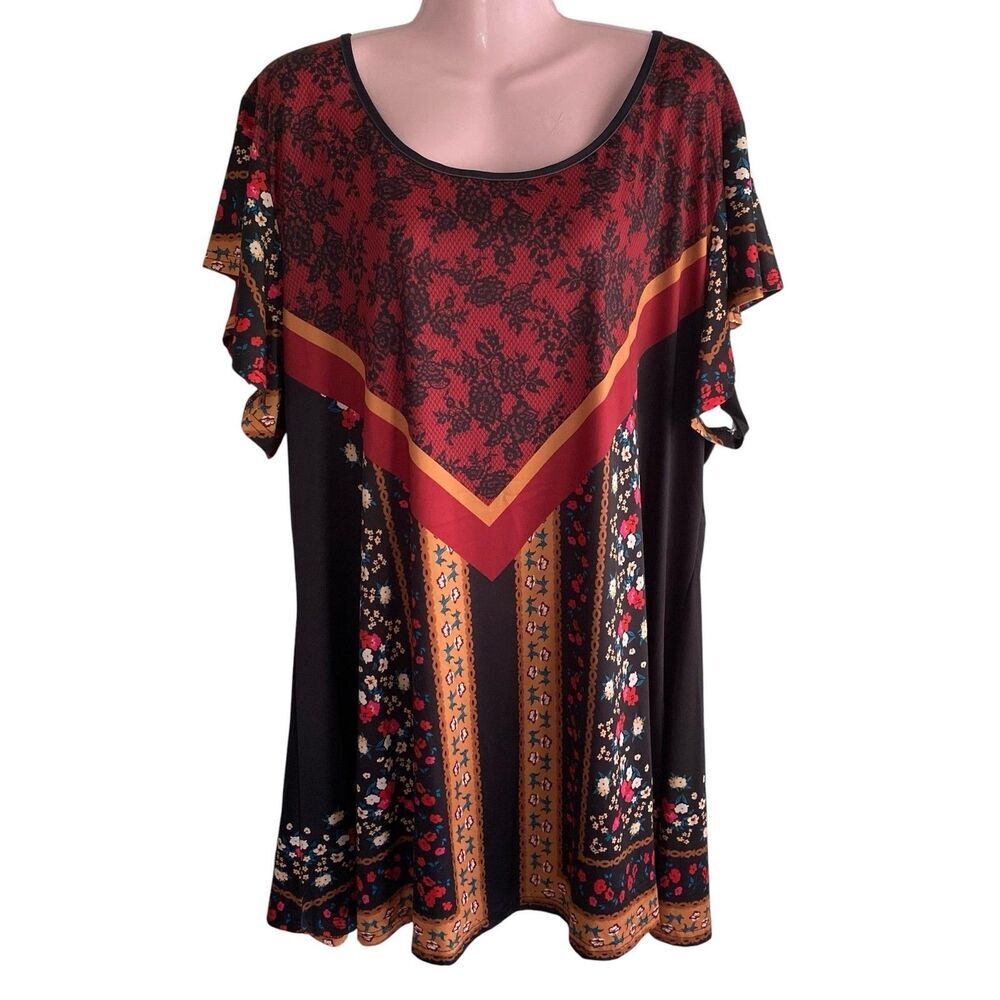 Lily By Firmiana Tunic Top Womens 4XL Black Floral Border Print Boho Scarf